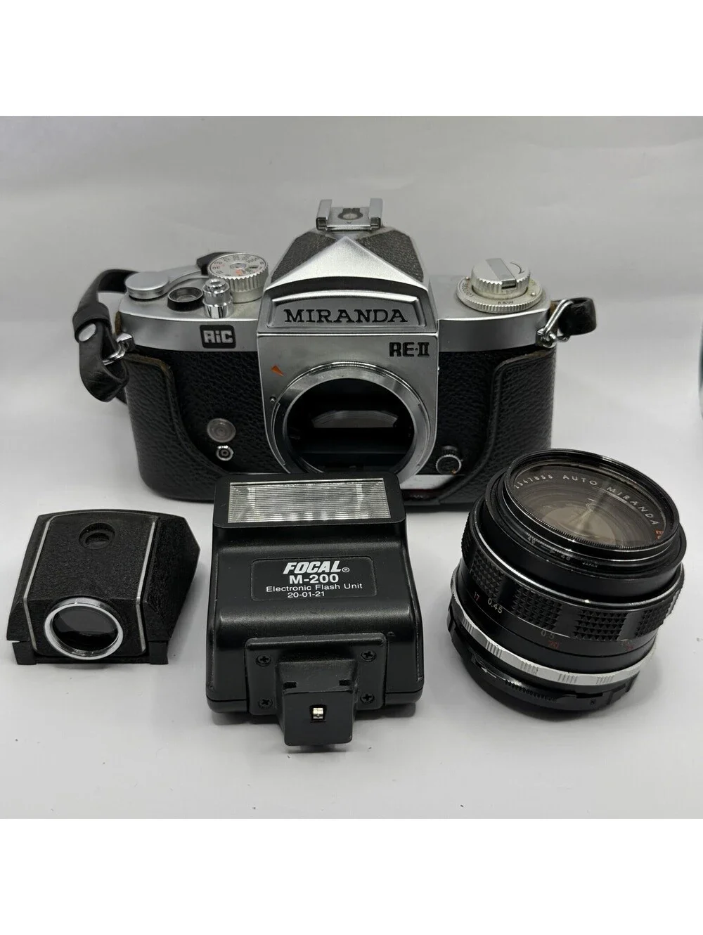 Miranda RE-II 35mm Film Camera Kit 50mm f/1.4 Lens Flash WLF Untested As-Is